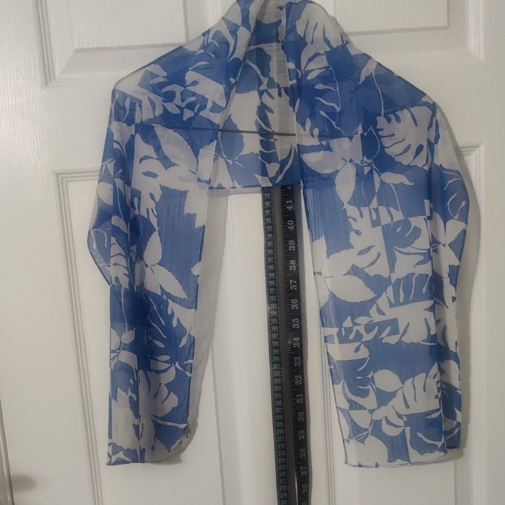 Tropical Blue and White Leaf Print Scarf